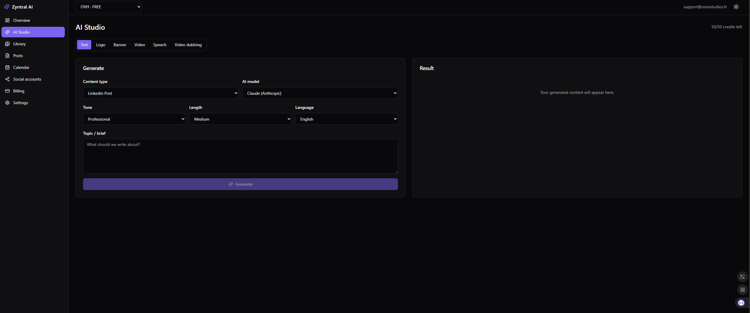 ZyntralAI content studio interface