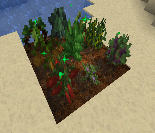 Fully grown custom crops displaying their final models and ready particles