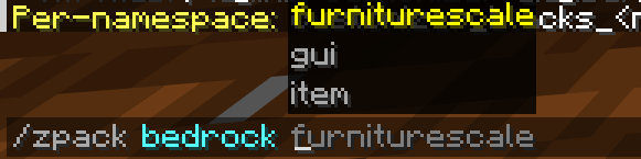 Tab-complete for /zpack bedrock showing furniturescale, gui and item subcommands