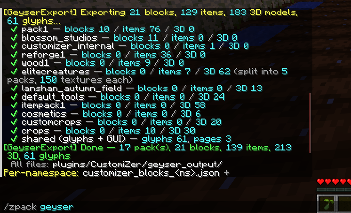 /zpack geyser in-game output showing per-pack breakdown
